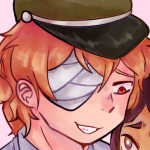 An orange-haired character with red eyes, and bandages covering his right eye.