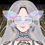 A picture of a silver-haired character with a butterfly decoration in front of her eyes.